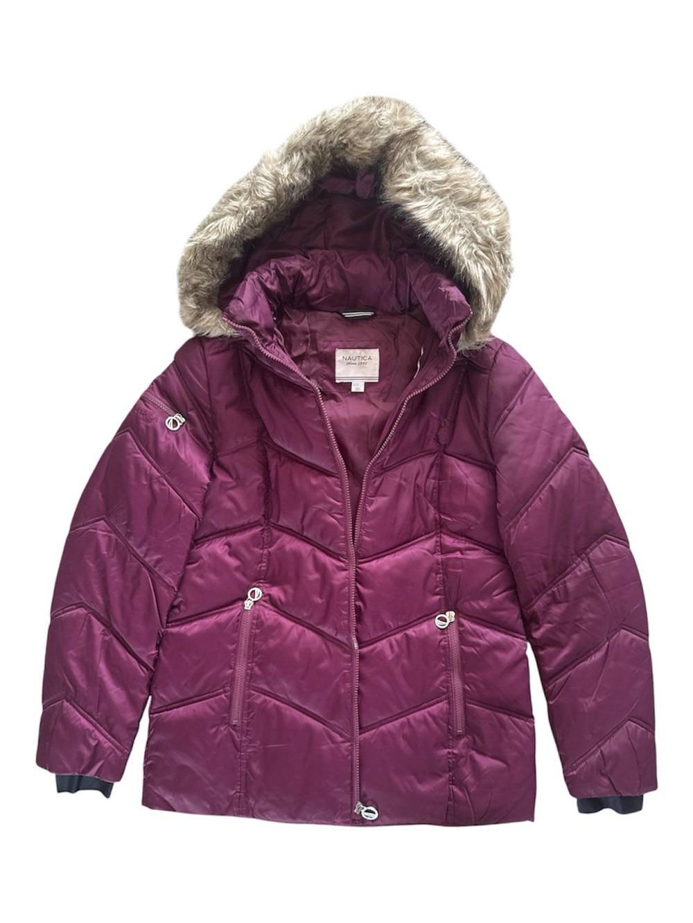 Nautica Women’s Hooded Quilted Puffer Jacket Faux Fur Trim Purple Size M